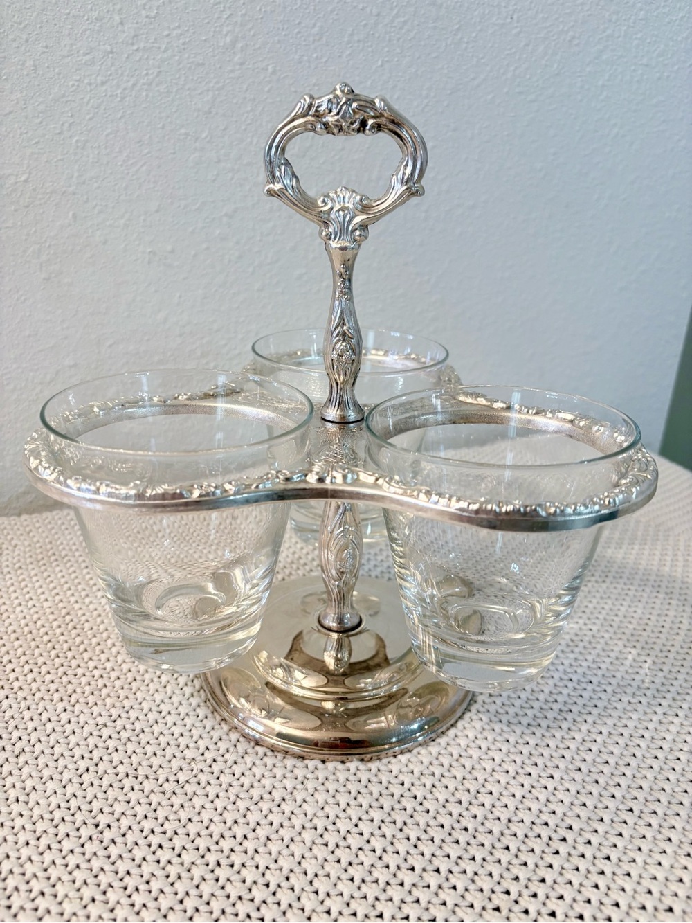Vintage Sheridan silver on copper plate serving piece w/ 3 glass wells